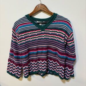 Retro Boho Rainbow Stripe Cropped Cotton Sweater Pioneer Woman Small